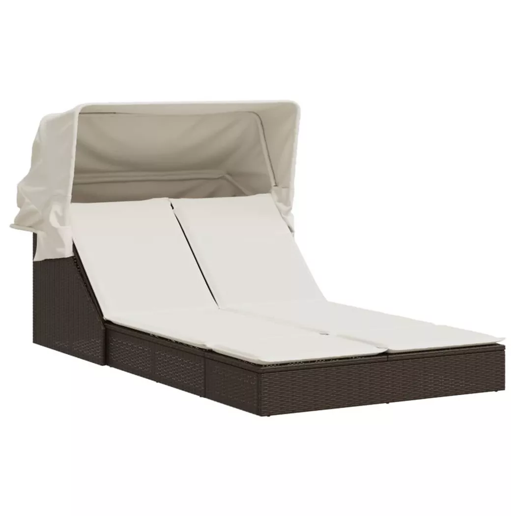 vidaXL Chaise longue double avec auvent et coussins marron poly rotin