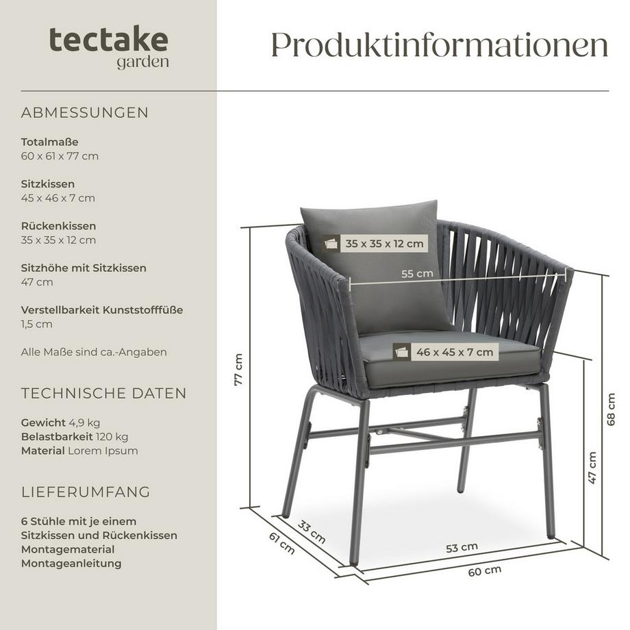 Tectake Stuhlset Valeiras Geflecht im Rope-Design Dicke der Sitzpolster 7 cm  