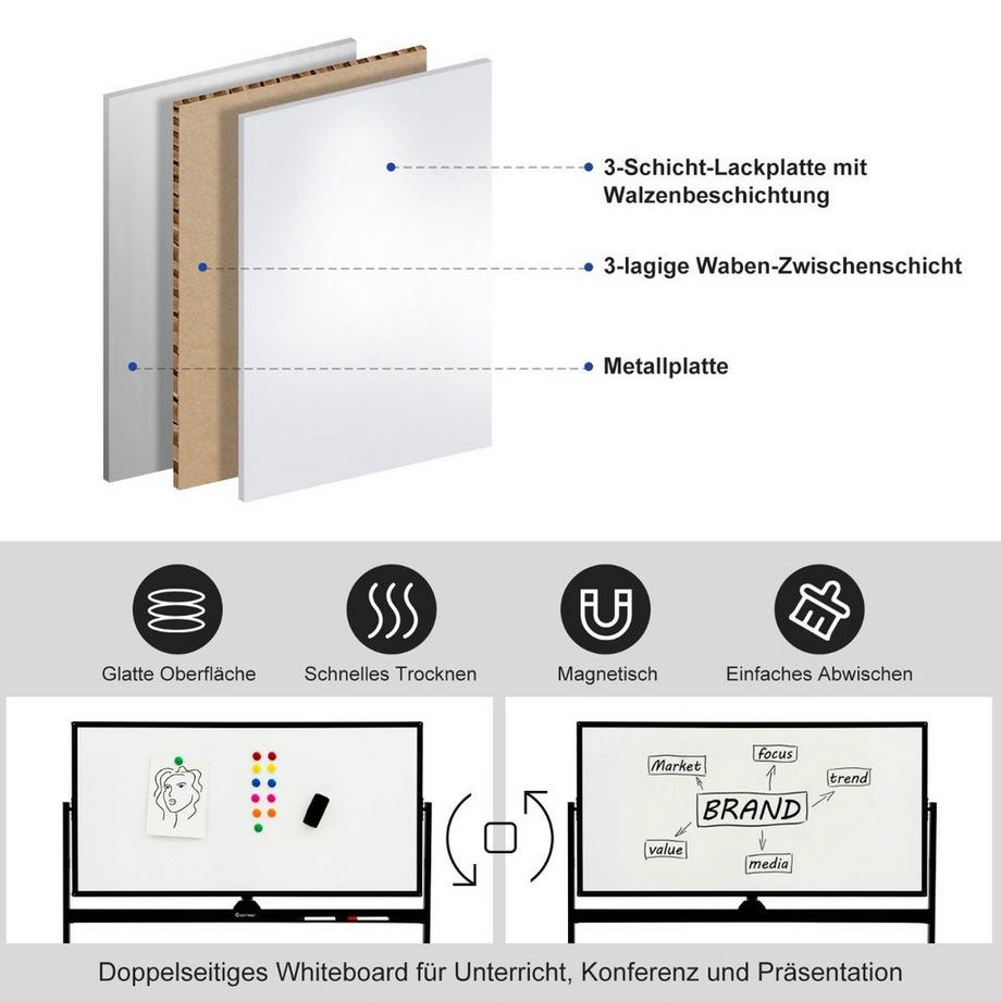 Northix  Tableau blanc mobile magnétique Double face tableau blanc roulant mobile pour bureau noir 