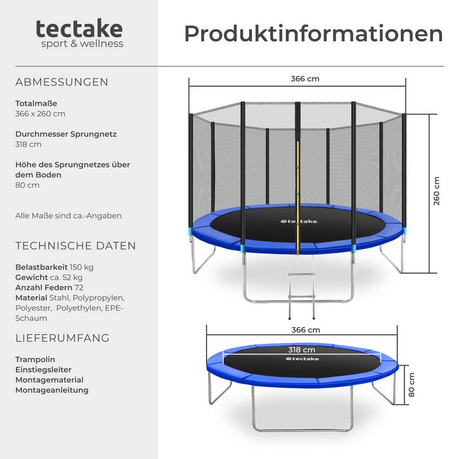 Tectake  Trampolino Garfunky Ø 366 cm, certificato GS 