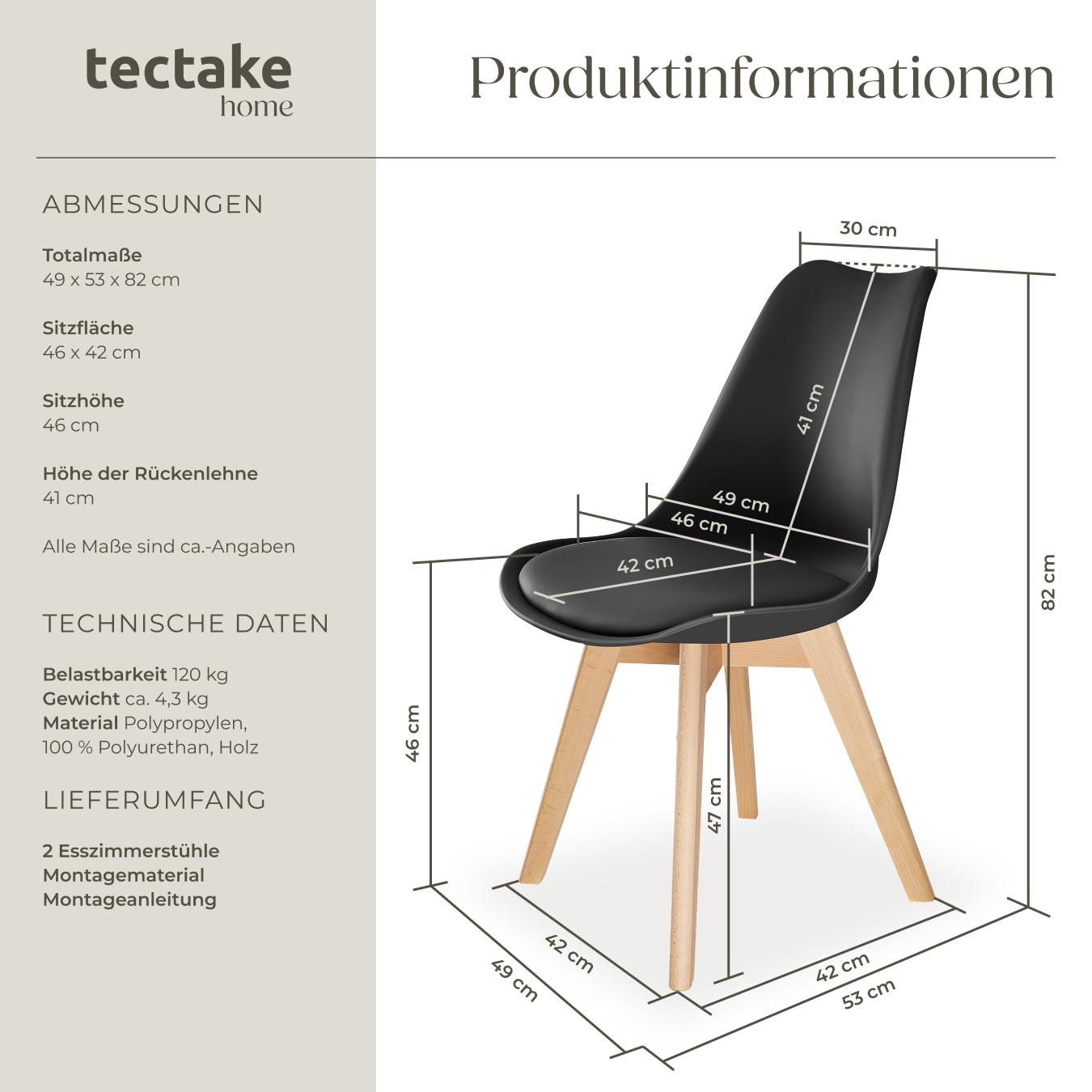 Tectake Set Esszimmerstuhl Frederikke Scandi-Design gepolsterte Sitzfläche, ergonomische Form  
