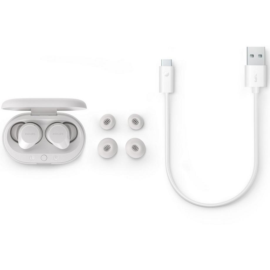 PHILIPS  Écouteurs véritablement sans fil TAT1209WT. Petit et confortable. 6+18 heures de temps de jeu. Classe IPX4. Blanc. 