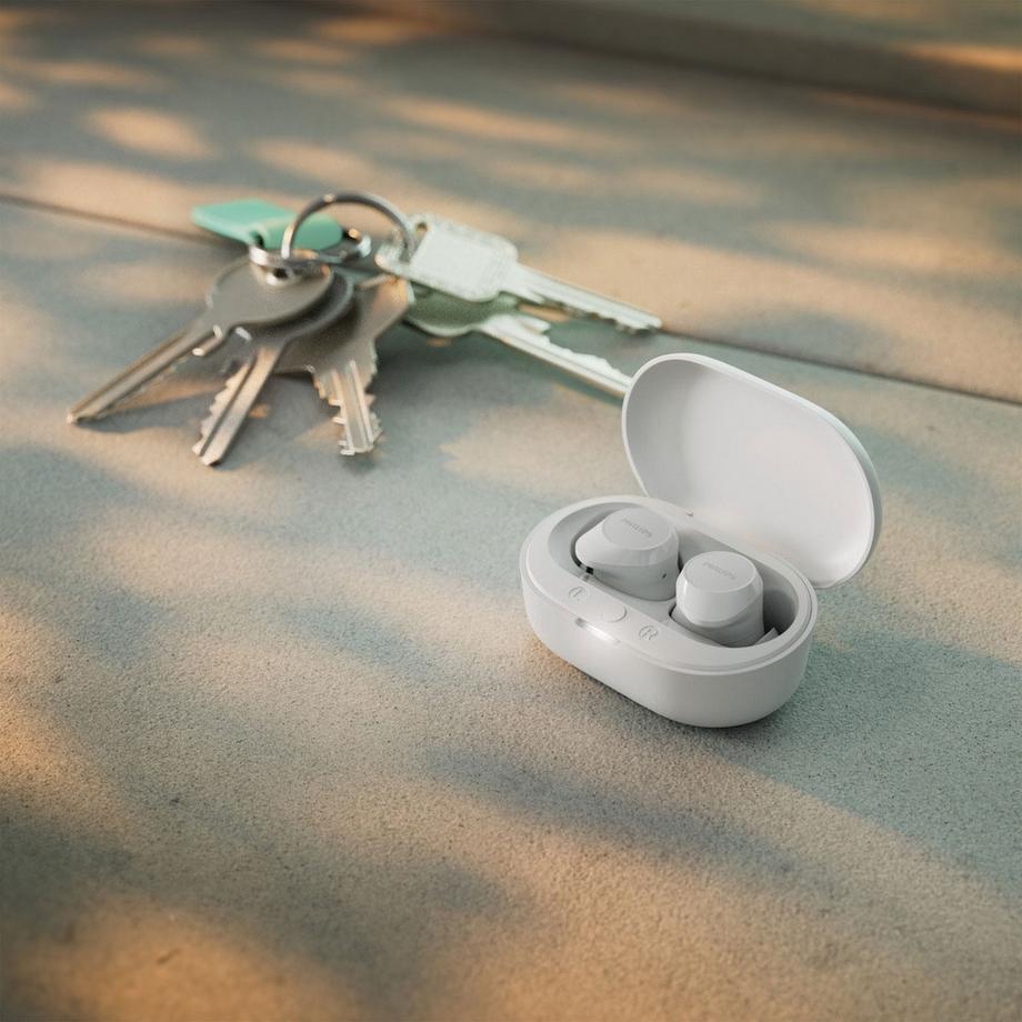 PHILIPS  Écouteurs véritablement sans fil TAT1209WT. Petit et confortable. 6+18 heures de temps de jeu. Classe IPX4. Blanc. 