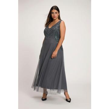 Robe maxi, doublée, perles, décolleté en V, sans manches