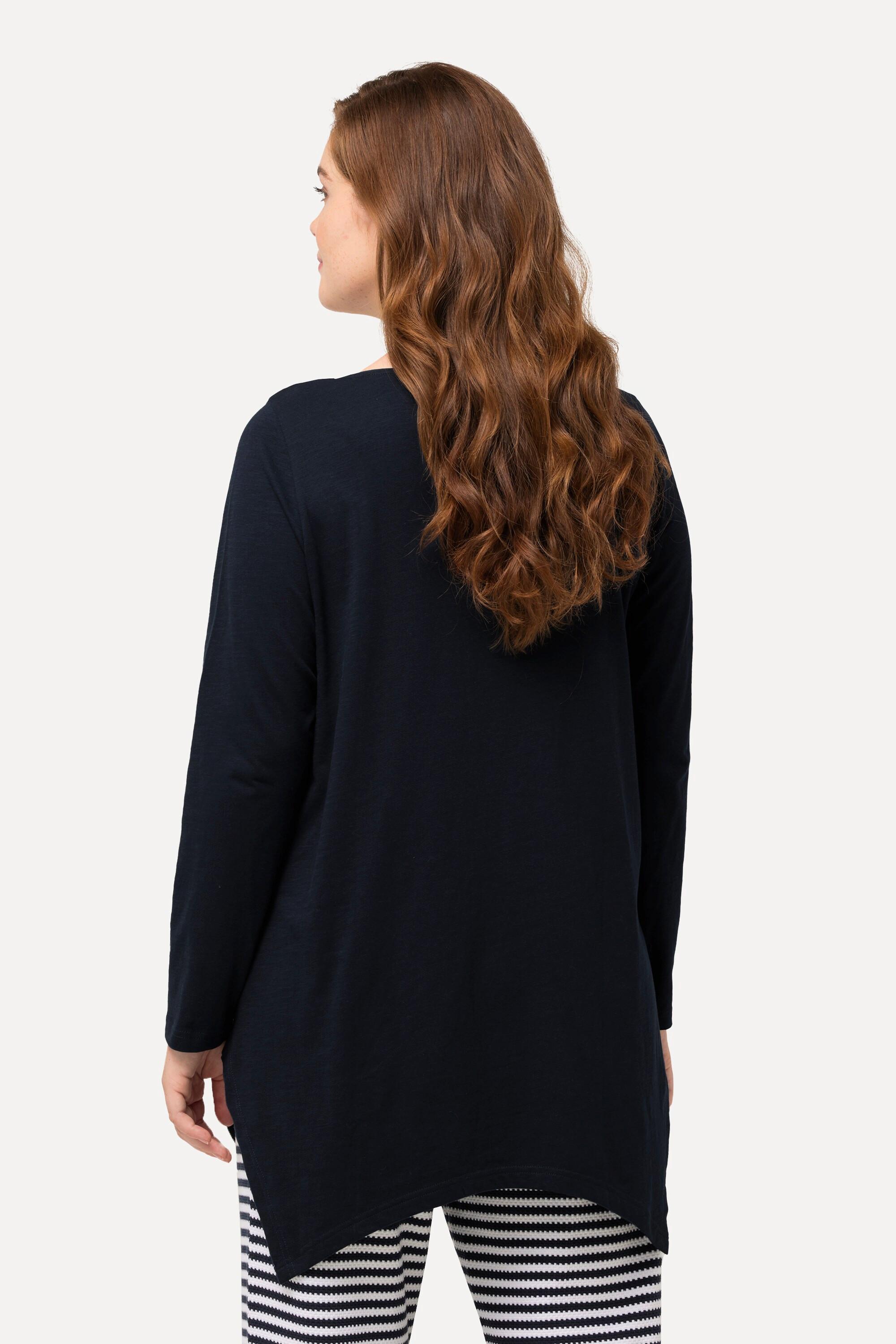 Ulla Popken  T-shirt en coton bio. Col rond et manches longues. Motif PURE. Silhouette en A. 