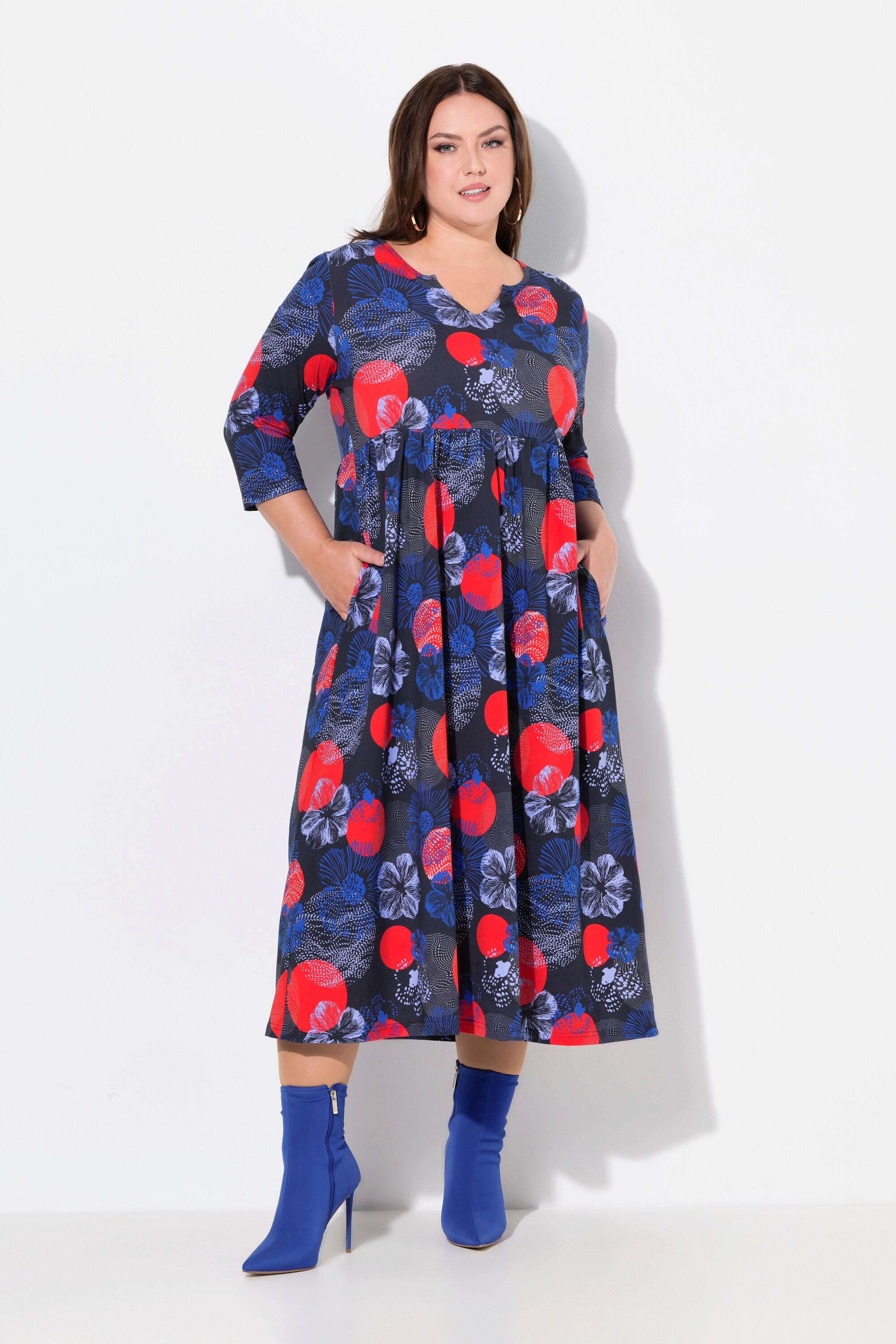 Ulla Popken  Jerseykleid, A-Linie, Tunika-Ausschnit, 3/4-Arm, Taschen 