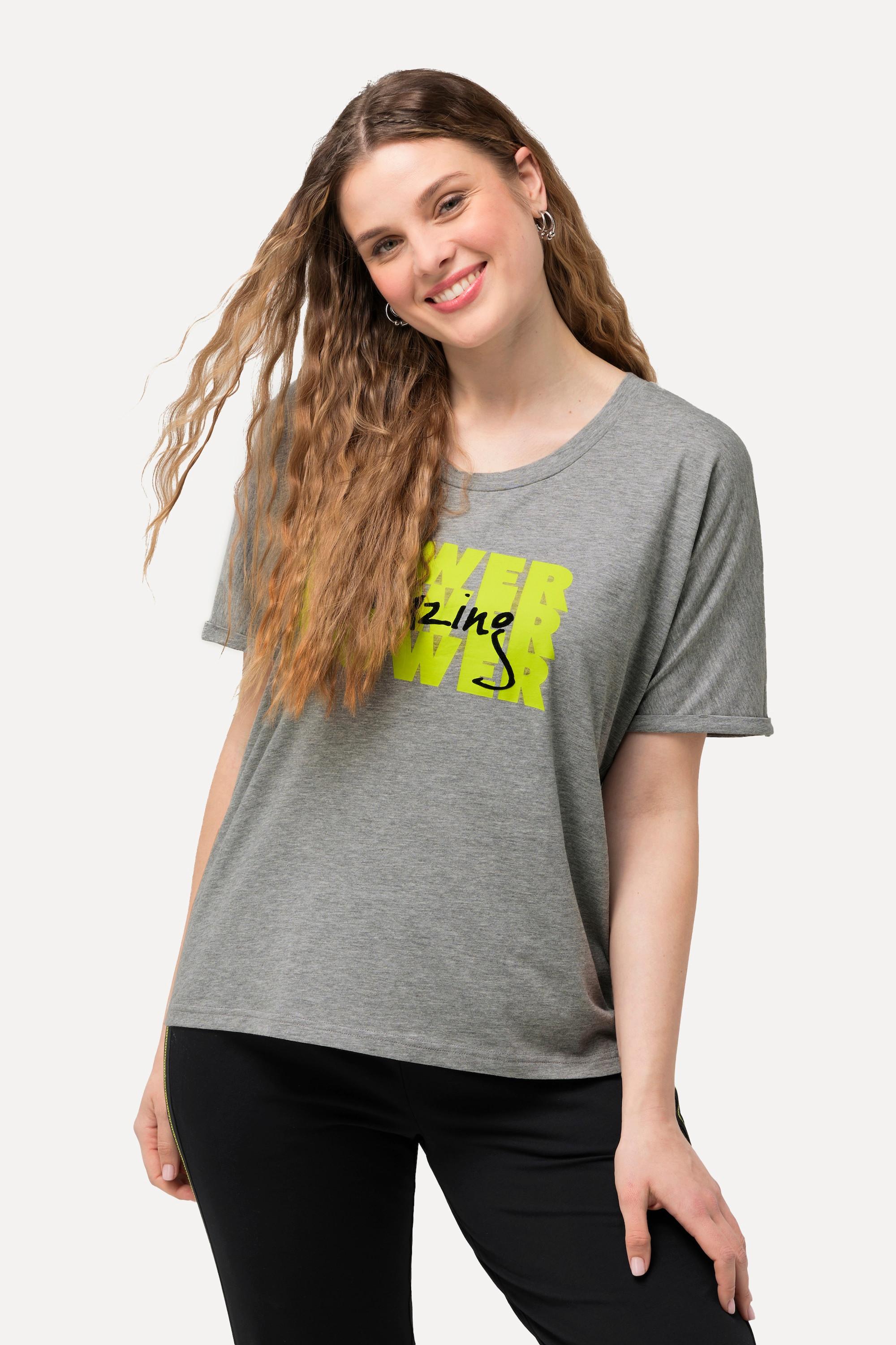 Ulla Popken  T-shirt dal taglio oversize con POWER, scollo a girocollo e mezze maniche 