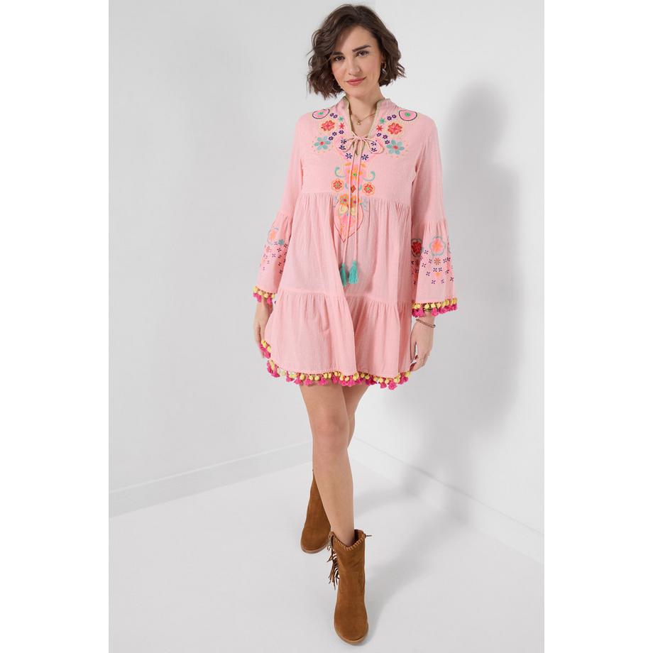 Robe Tunique Dobby Texturé avec Broderie et Finition Pompons