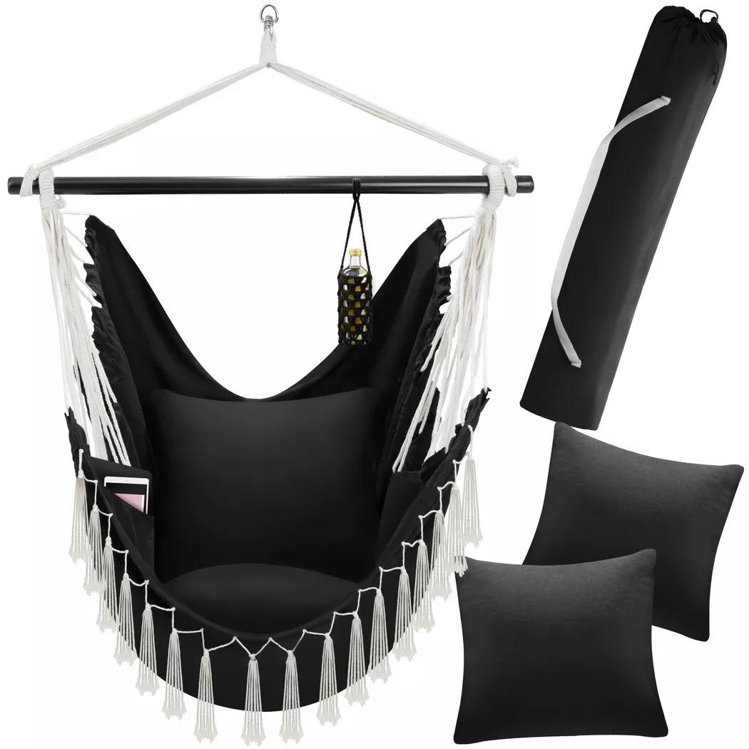 tectake Hanging Chair Malika, Boho Style, Load Capacity 150kg in Black | Size: 1 Seater