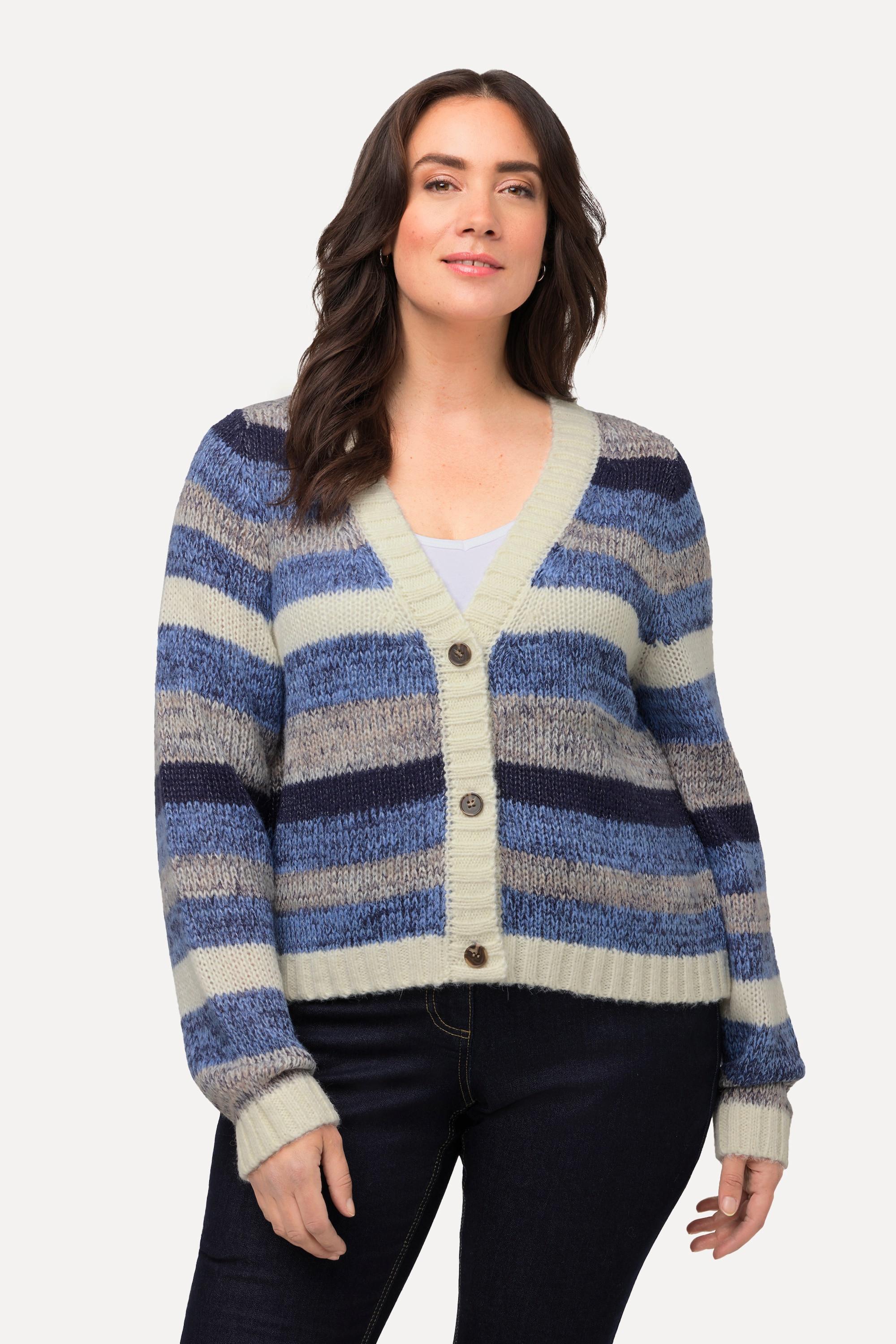 Ulla Popken  Cardigan corto con righe, scollo a V e maniche lunghe 