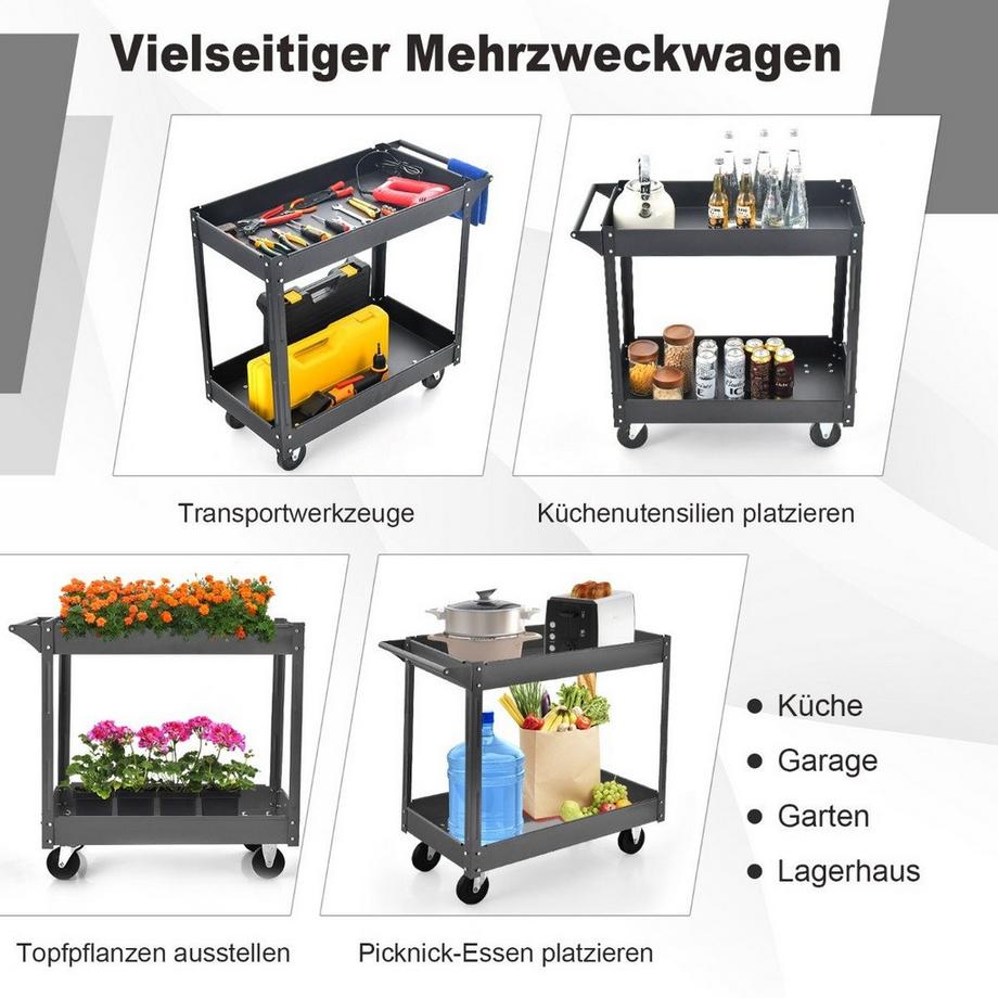 Northix  Metall Werkstatt-Rollwagen mit 2 Etagen & Handgriff Mehrzweckwagen Schwarz 