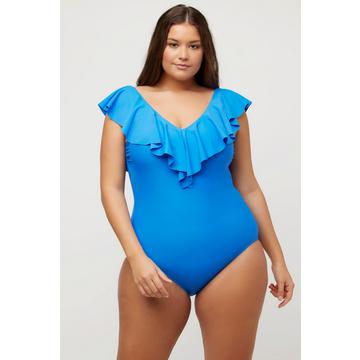 Maillot de bain une pièce à volant, décolleté en V, bonnets souples