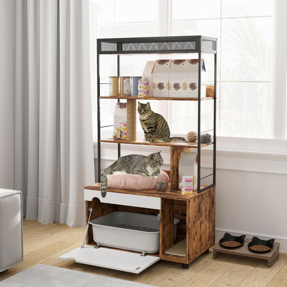 Northio  Armoire à litière pour chat 2 en 1, bac à litière pour chat avec étagère à 3 niveaux, griffoir, porte pliante, maison pour chat de moins de 6 kg, 80 x 48 x 152 cm, marron rustique 