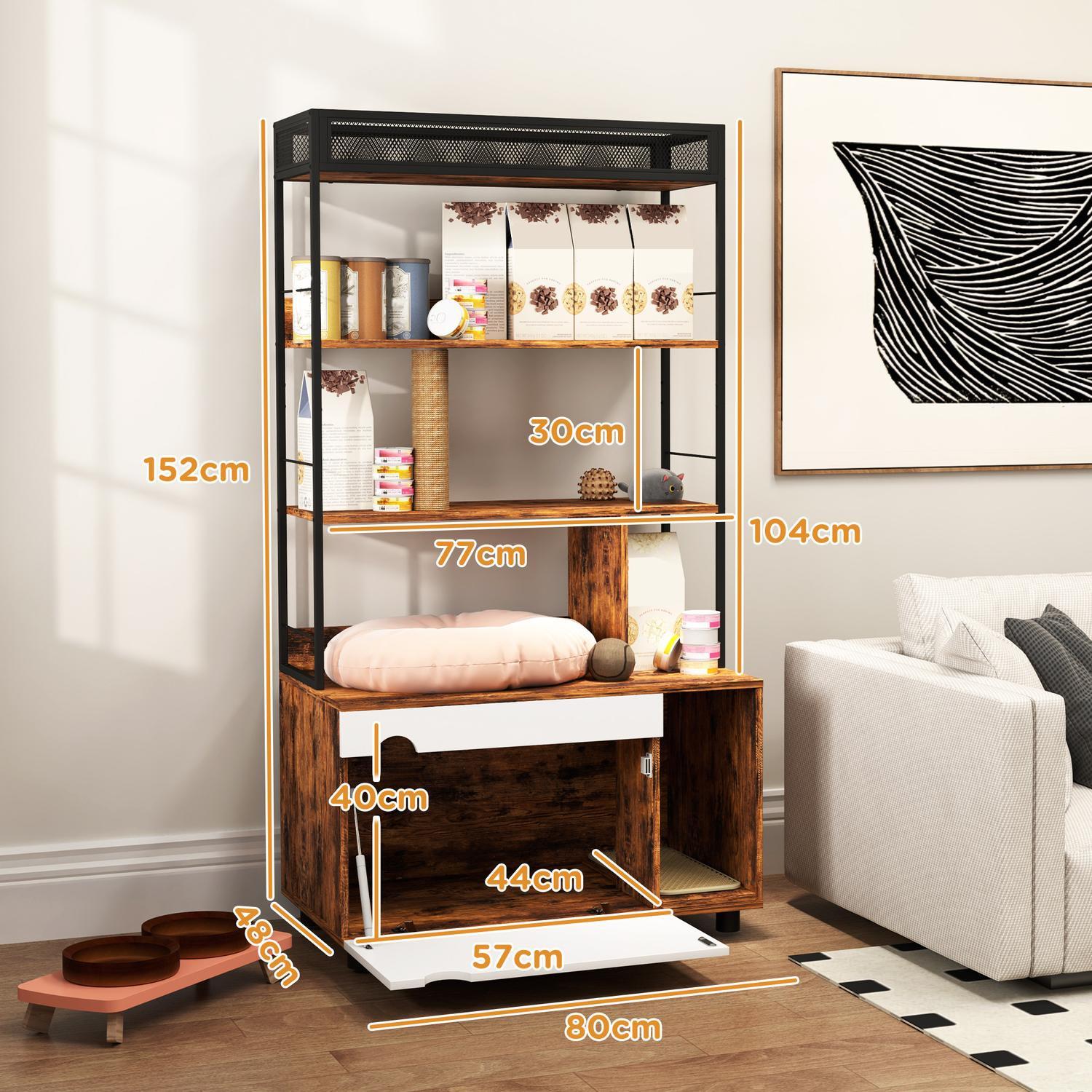 Northio  2-in-1 Katzenklo Schrank, Katzenklo mit 3-Ebenen-Regal, Kratzpfosten, Klapptür, Katzenhaus für Katze unter 6 kg, 80 x 48 x 152 cm, Rustikal-Braun 