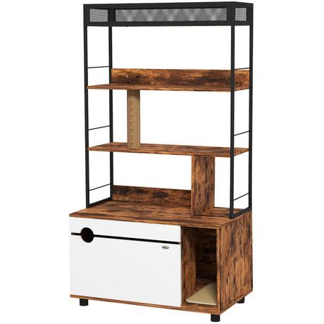 Northio  2-in-1 Katzenklo Schrank, Katzenklo mit 3-Ebenen-Regal, Kratzpfosten, Klapptür, Katzenhaus für Katze unter 6 kg, 80 x 48 x 152 cm, Rustikal-Braun 