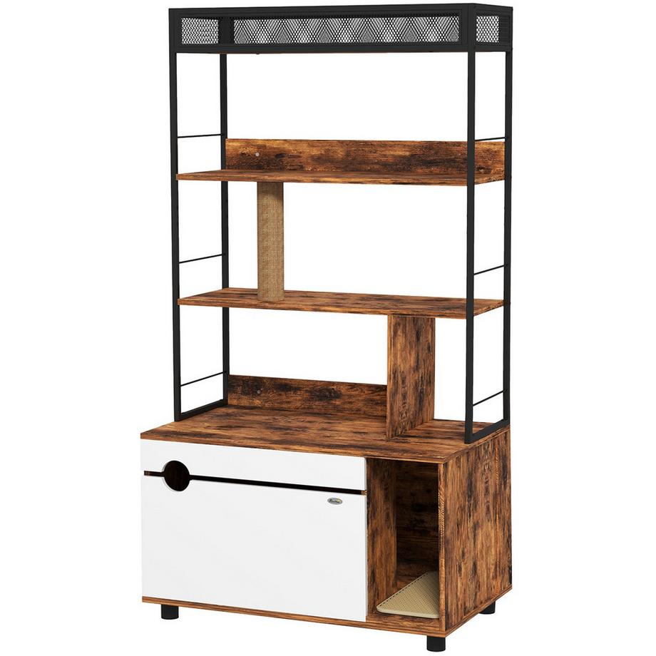 Armoire à litière pour chat 2 en 1, bac à litière pour chat avec étagère à 3 niveaux, griffoir, porte pliante, maison pour chat de moins de 6 kg, 80 x 48 x 152 cm, marron rustique