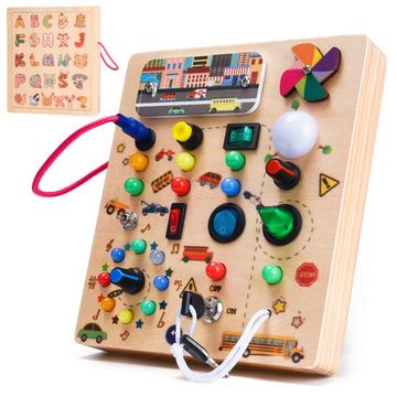 Busy Board Motorikspielzeug mit 19 LEDs, Holzspielzeug, Sinnesspielzeug, Lernspielzeug für Kleinkinder