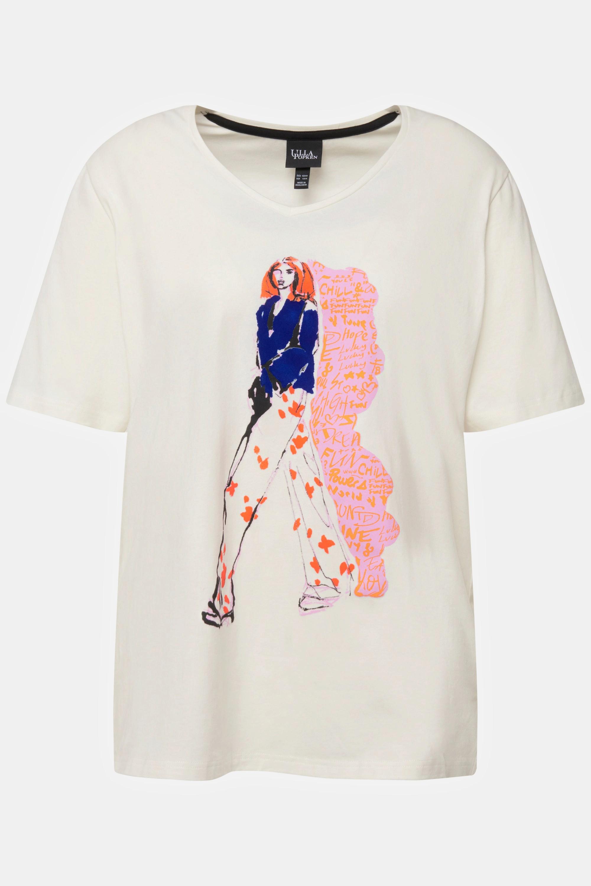 Ulla Popken  T-shirt dal taglio oversize con immagine di donna, scollo a V e mezze maniche 