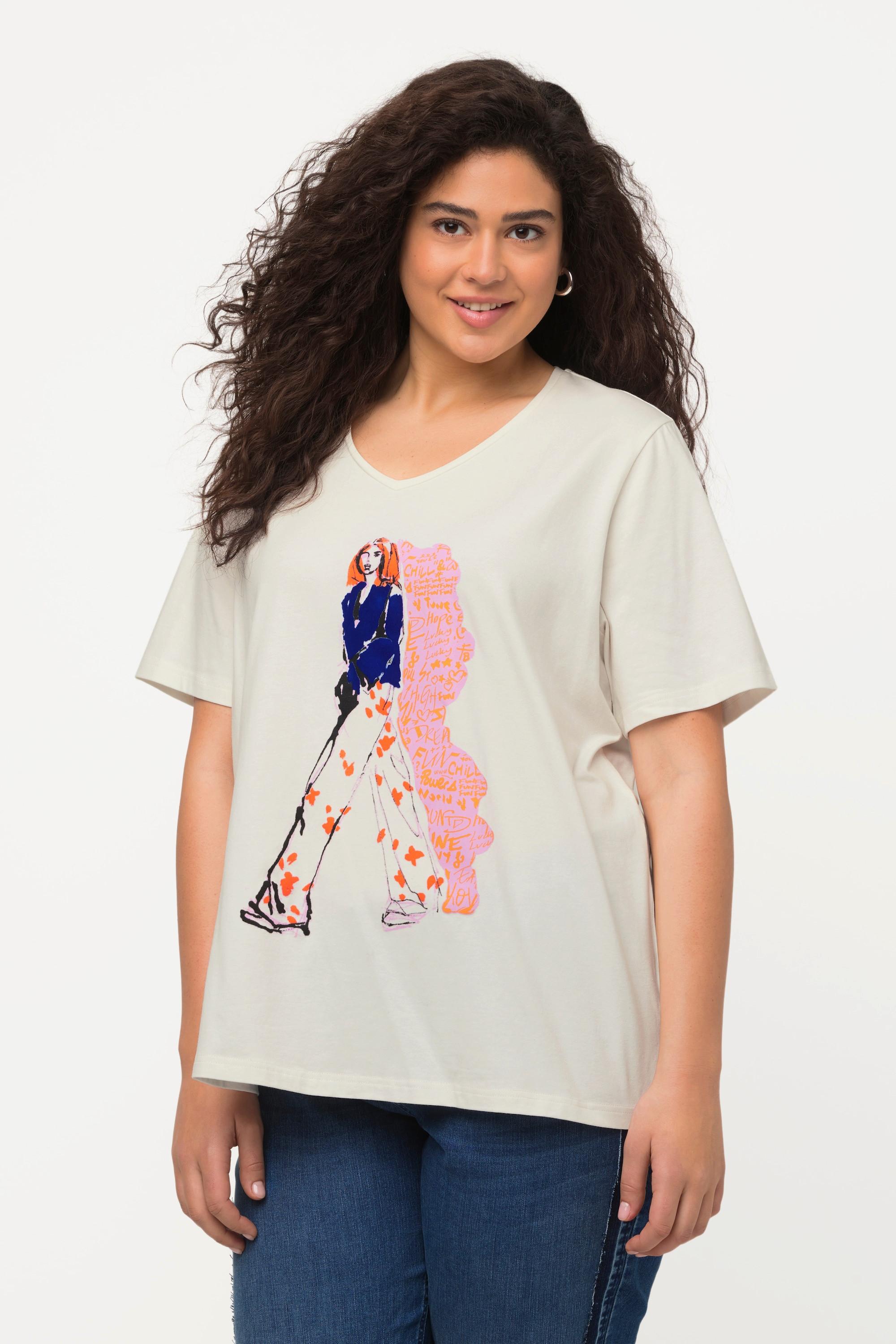 Ulla Popken  T-shirt oversize à col en V et manches courtes, motif femmes 