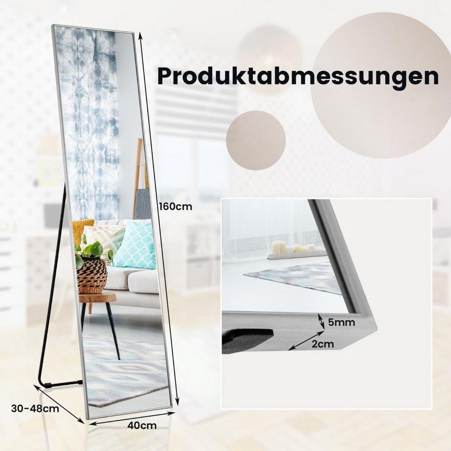 B2X Specchio a figura intera 160 x 40 cm Specchio da terra e specchio da parete 2 in 1 in vetro infrangibile argento  