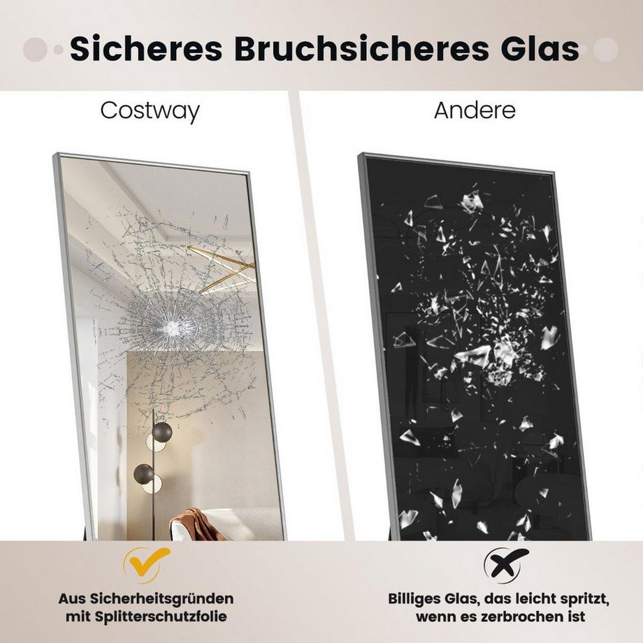 B2X Specchio a figura intera 160 x 40 cm Specchio da terra e specchio da parete 2 in 1 in vetro infrangibile argento  