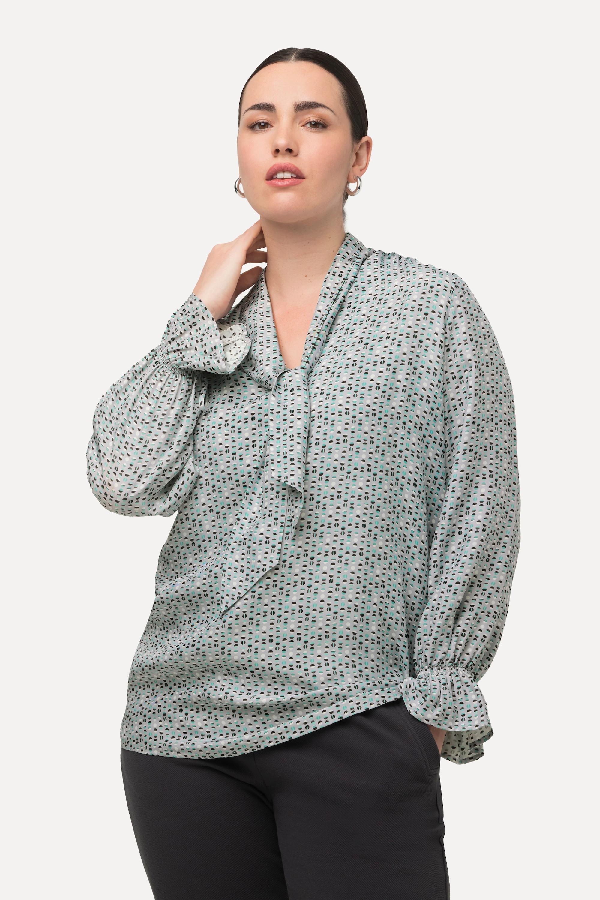 Ulla Popken  Blouse à manches longues et col montant, lavallière et ruché 