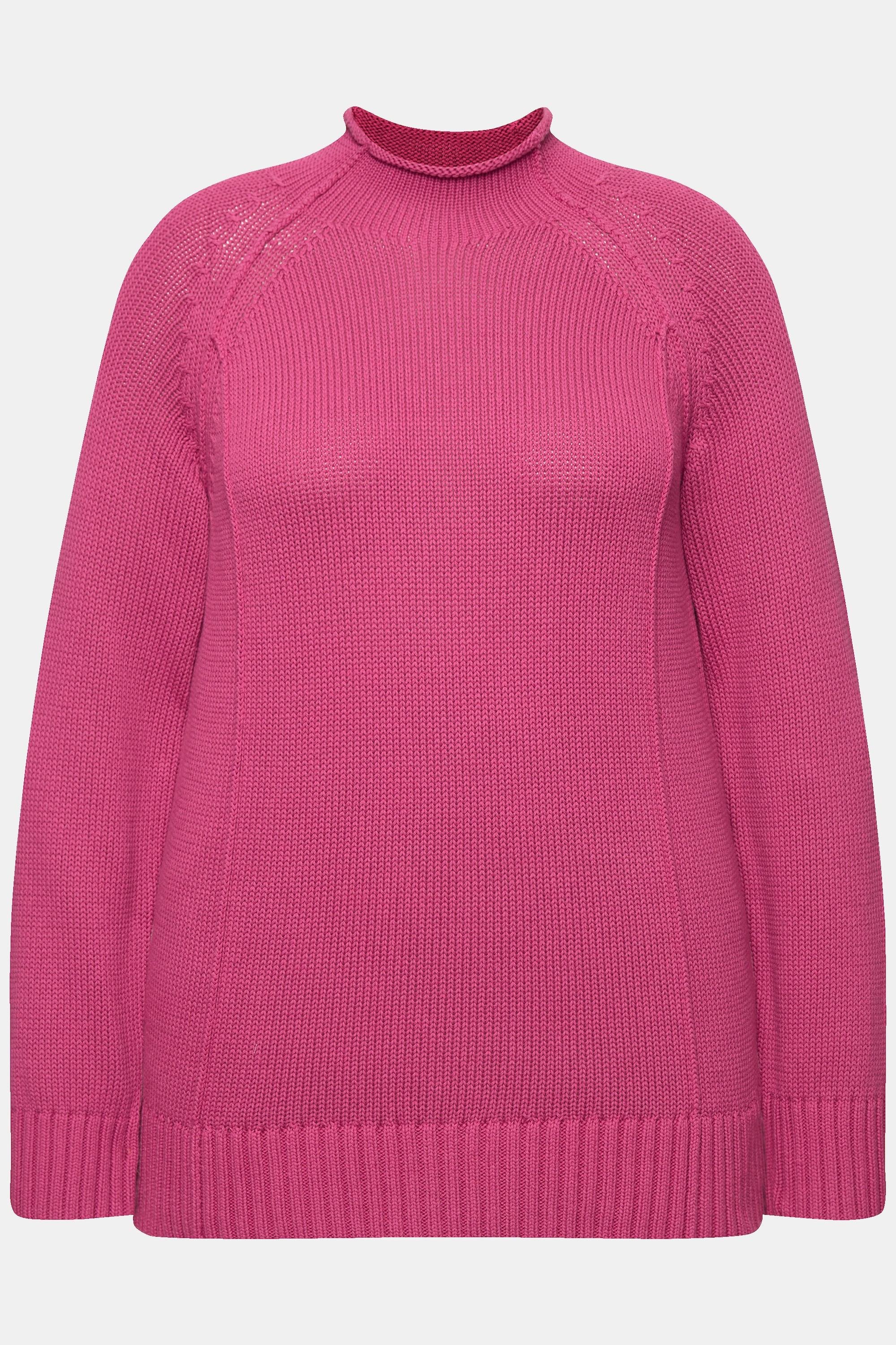 Ulla Popken  Pullover in cotone biologico con cuciture decorative, collo alto e maniche lunghe 