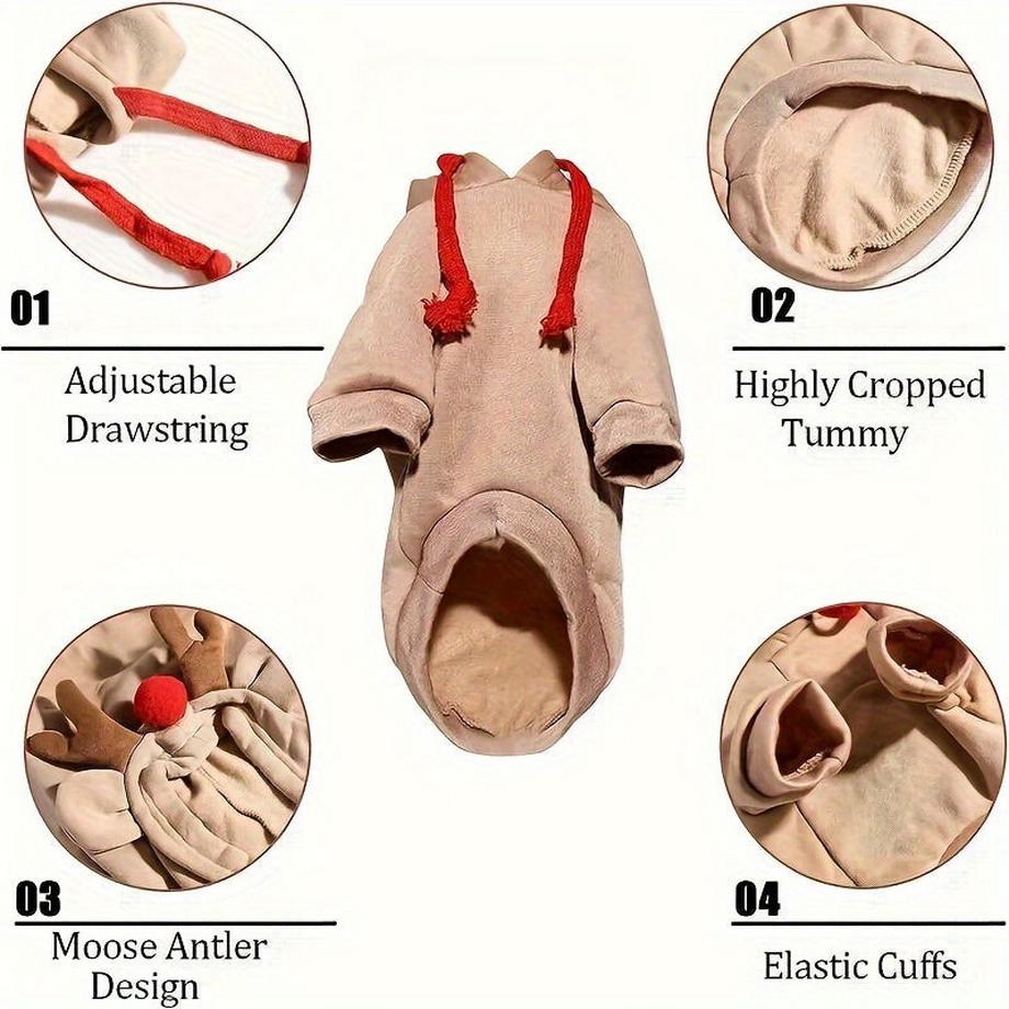 Alopini  Chandail à capuchon en forme de renne pour chiens et chats de petite et moyenne taille - Pull de Noël festif avec cordon de serrage, lavable en machine, mélange de polyester, M 
