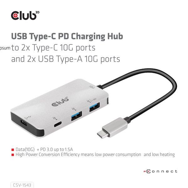 Club3D  USB Gen2 Type-C PD Charging Hub to 2x Type-C 10G ports and 2x USB Type-A 10G ports 