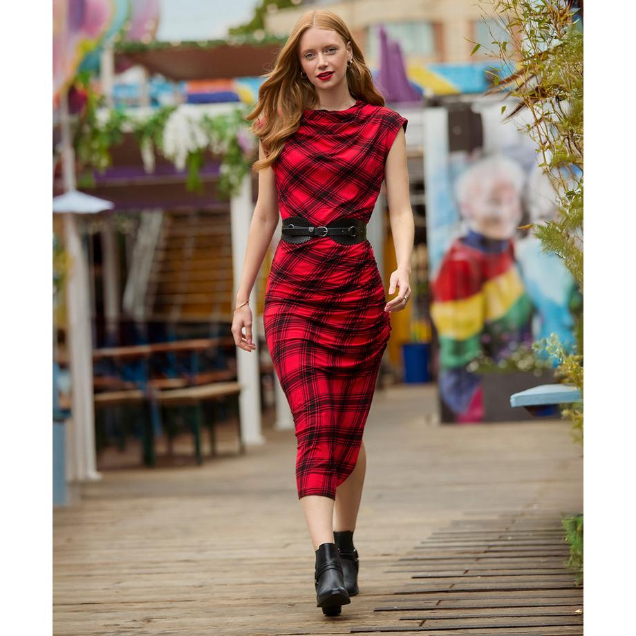 Joe Browns Figurbetontes Karo Jersey Midikleid Trichterhals  