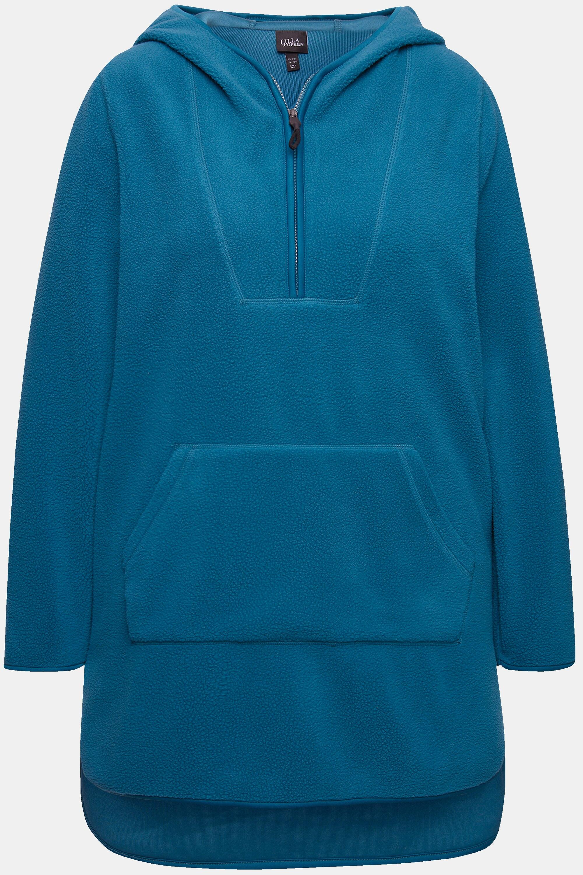 Ulla Popken  Pullover lungo di pellicciotto di pile con cappuccio, zip e maniche lunghe 