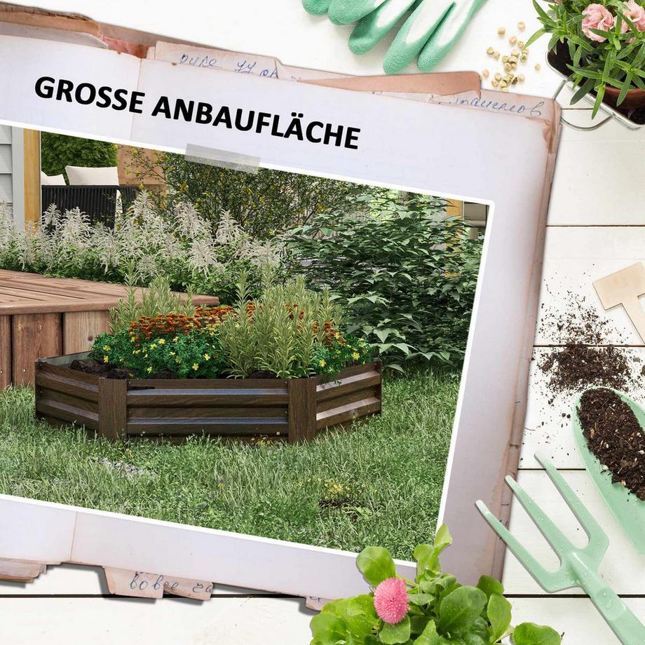 Northio Hochbeet Aus Stahl, Sechseckiger Blumenkasten Mit Offenem Boden, Pflanzkasten Mit Holzoptik, Gemüsebeet Für Balkon, Garten, Dunkelbraun  