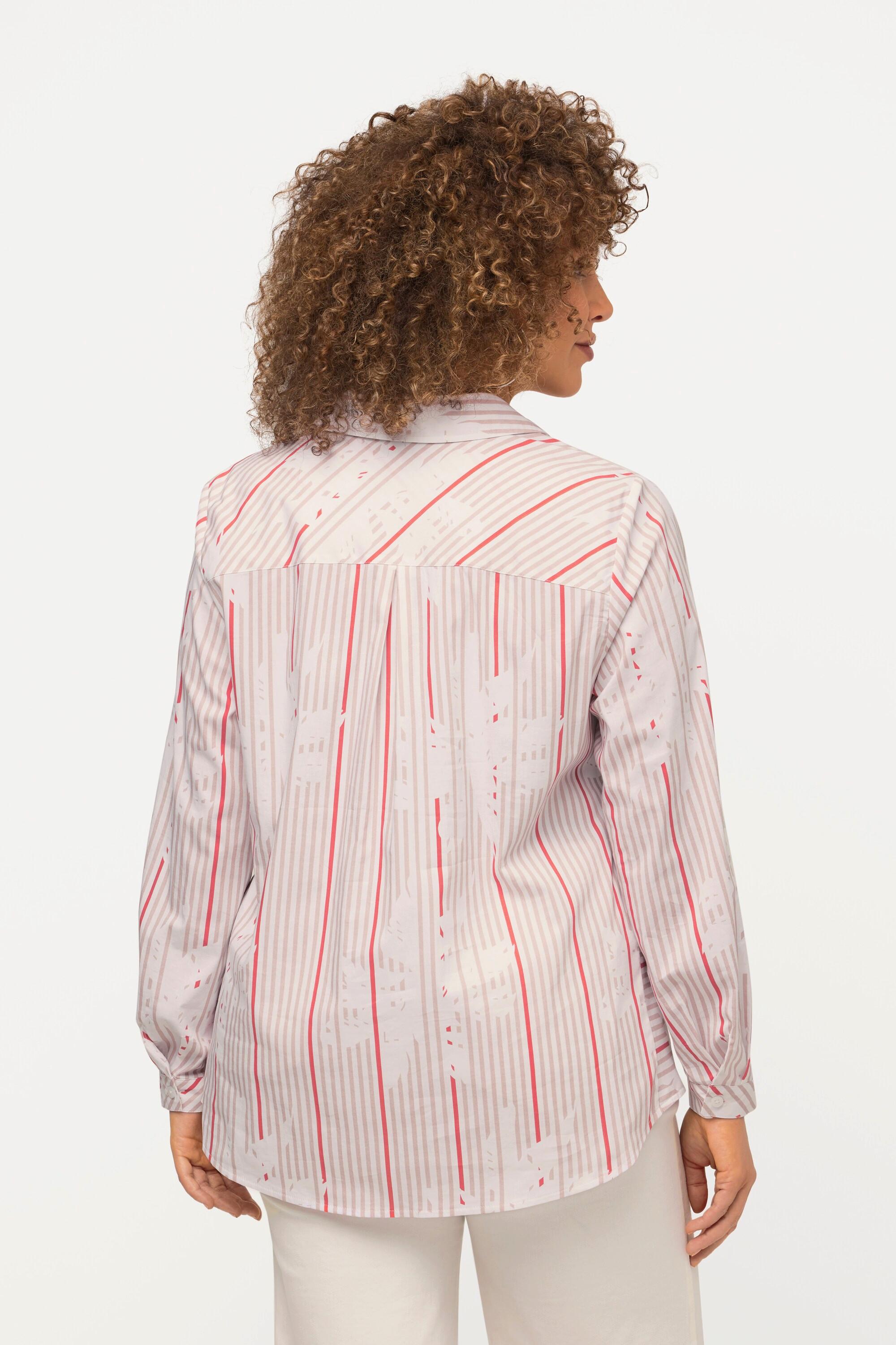 Ulla Popken Tunica Svasata a Righe Collo Camicia Maniche Lunghe  