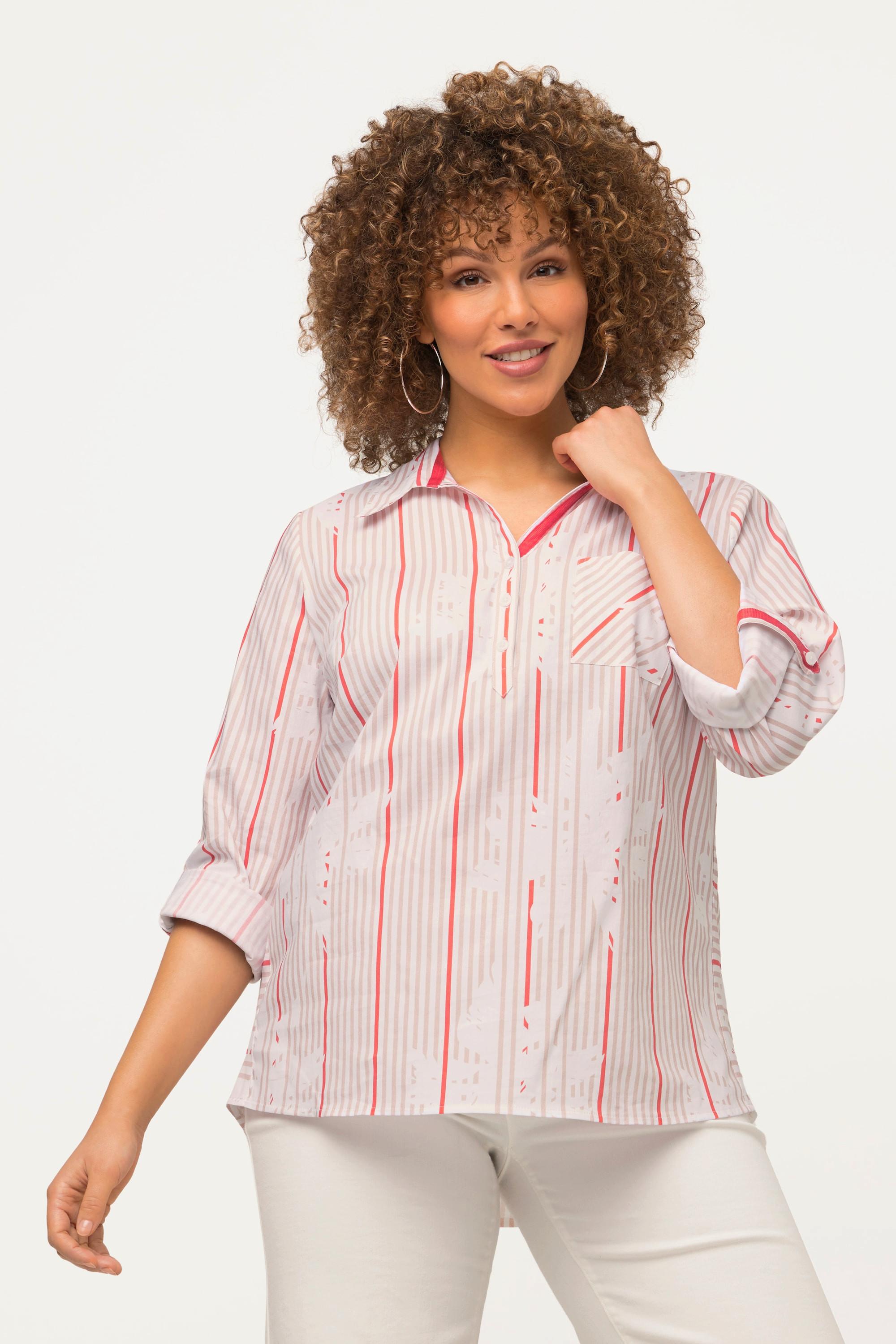 Ulla Popken Tunica Svasata a Righe Collo Camicia Maniche Lunghe  