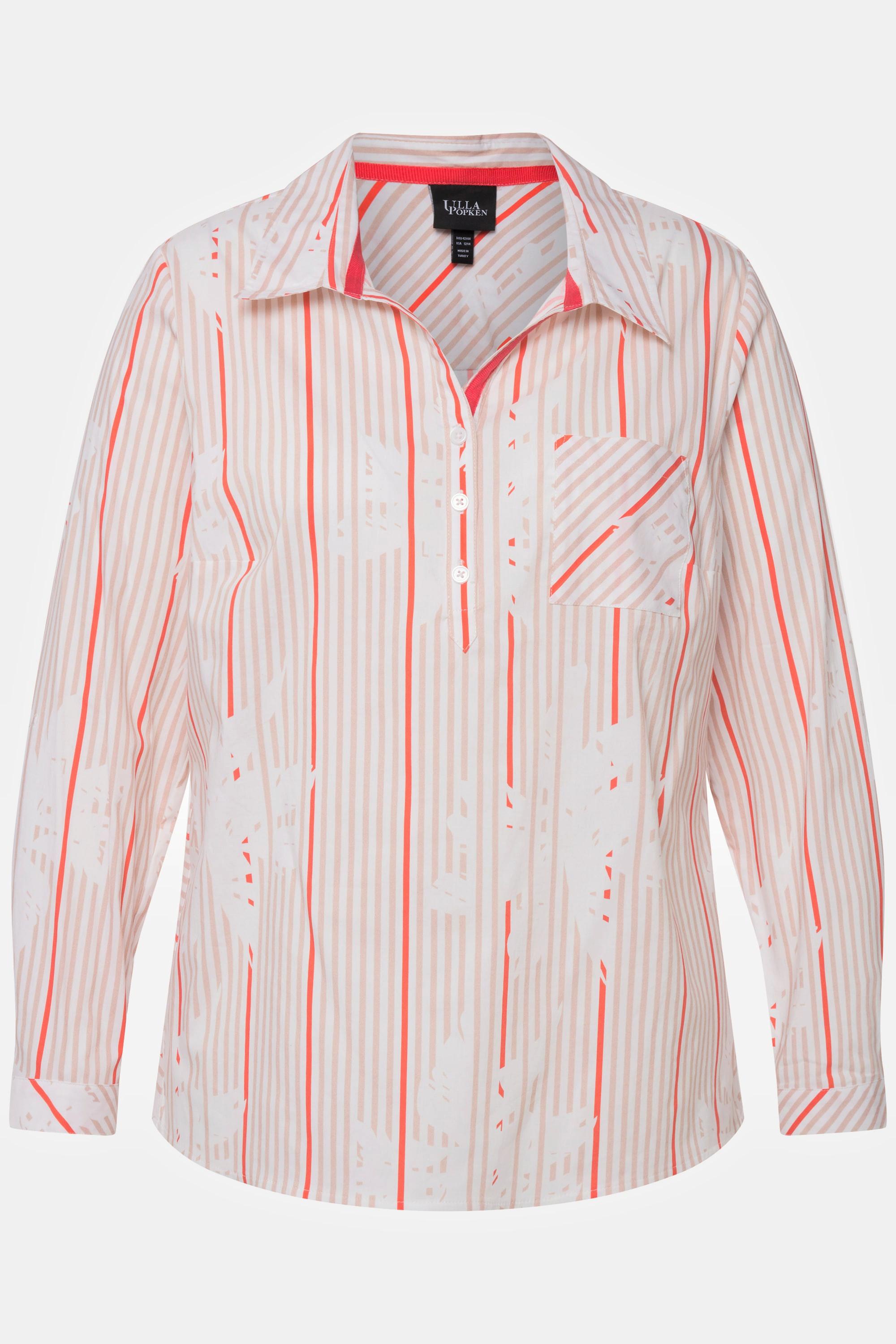 Ulla Popken Tunica Svasata a Righe Collo Camicia Maniche Lunghe  