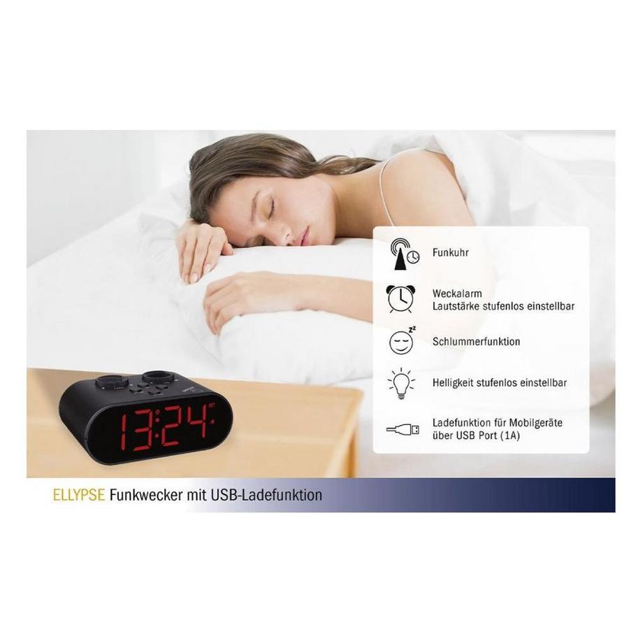 TFA Dostmann Funk-Wecker mit USB-Ladefunktion Ellypse  