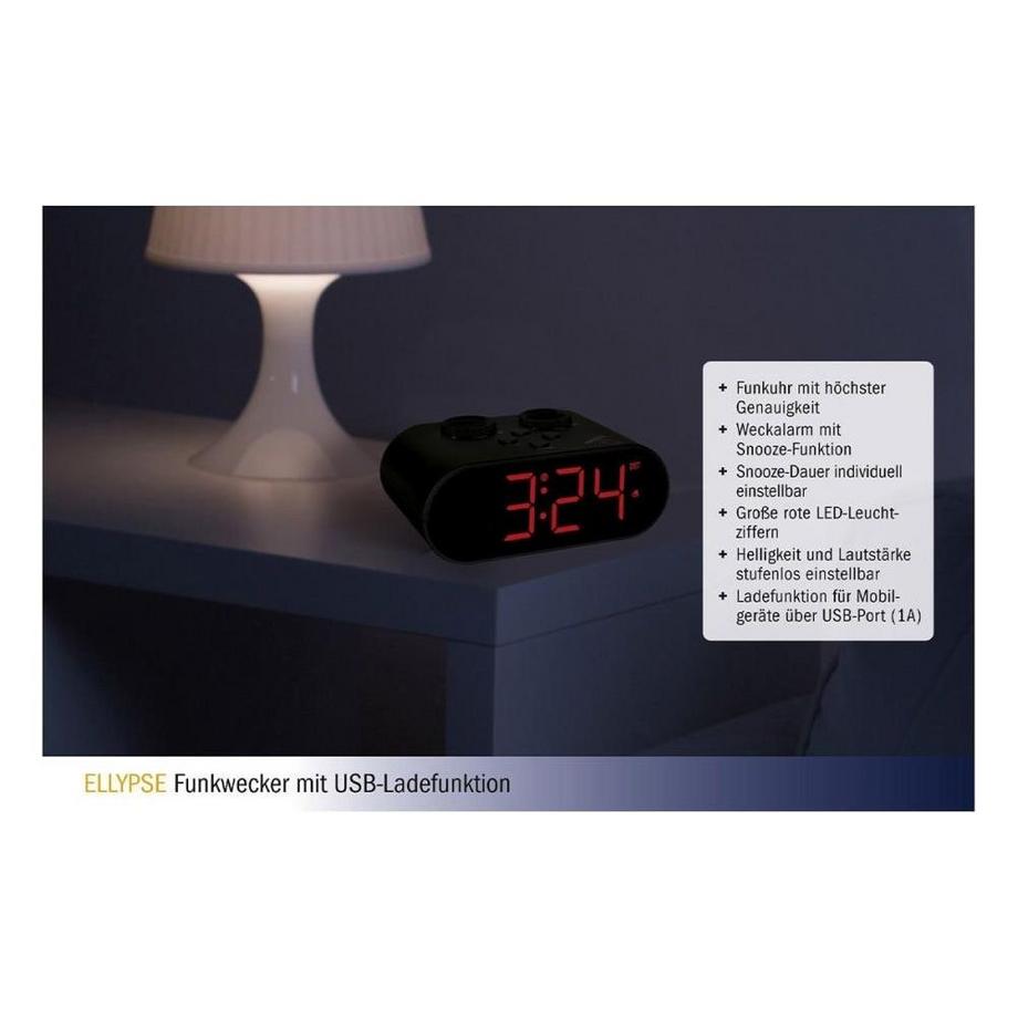 TFA Dostmann Funk-Wecker mit USB-Ladefunktion Ellypse  