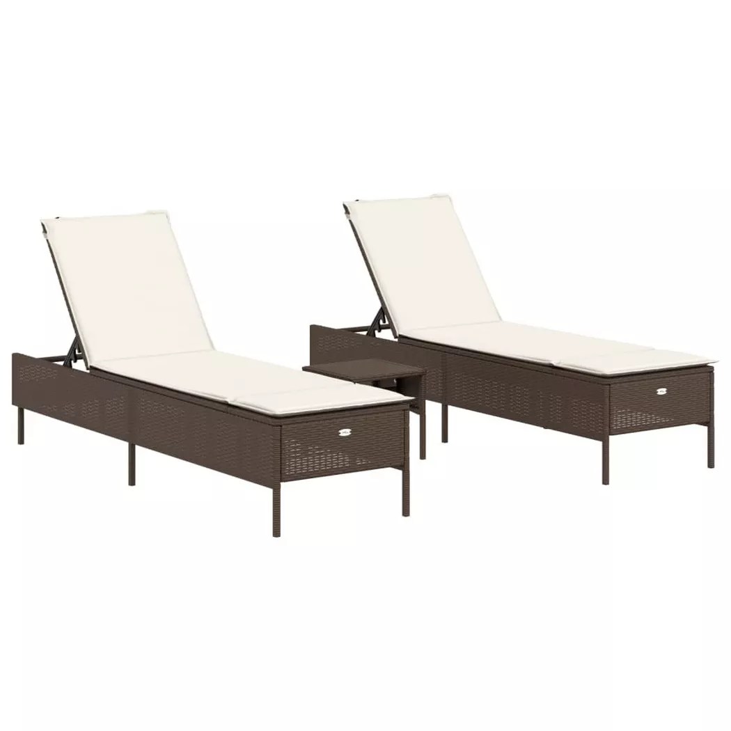 vidaXL Ensemble de chaises longues et coussins 3 pcs marron poly rotin