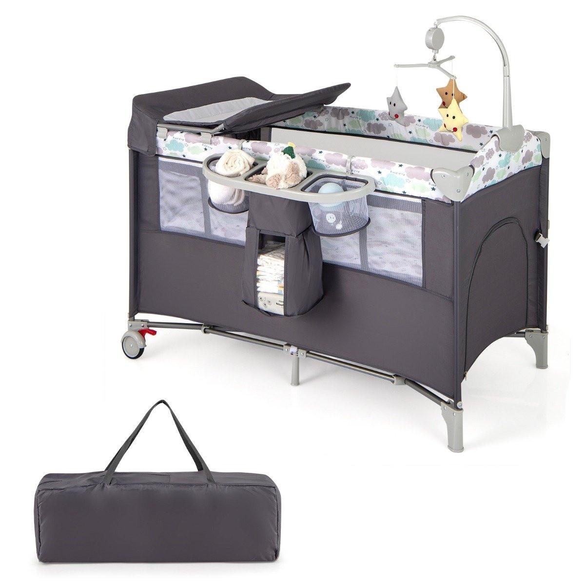 B2X  5 in 1 Beistellbett klappbar Reisebett mit Matratze 2 Ebene Babybett mit Rollen Grau 