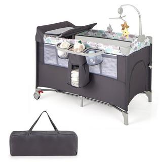 B2X  5 in 1 Beistellbett klappbar Reisebett mit Matratze 2 Ebene Babybett mit Rollen Grau 