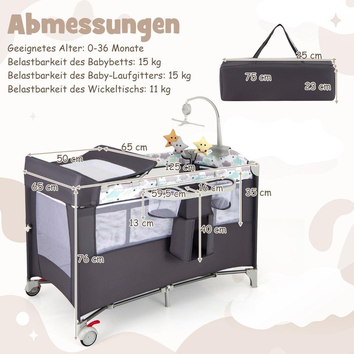 B2X  5 in 1 Beistellbett klappbar Reisebett mit Matratze 2 Ebene Babybett mit Rollen Grau 