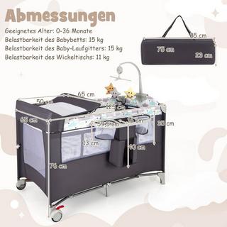 B2X  5 in 1 Beistellbett klappbar Reisebett mit Matratze 2 Ebene Babybett mit Rollen Grau 