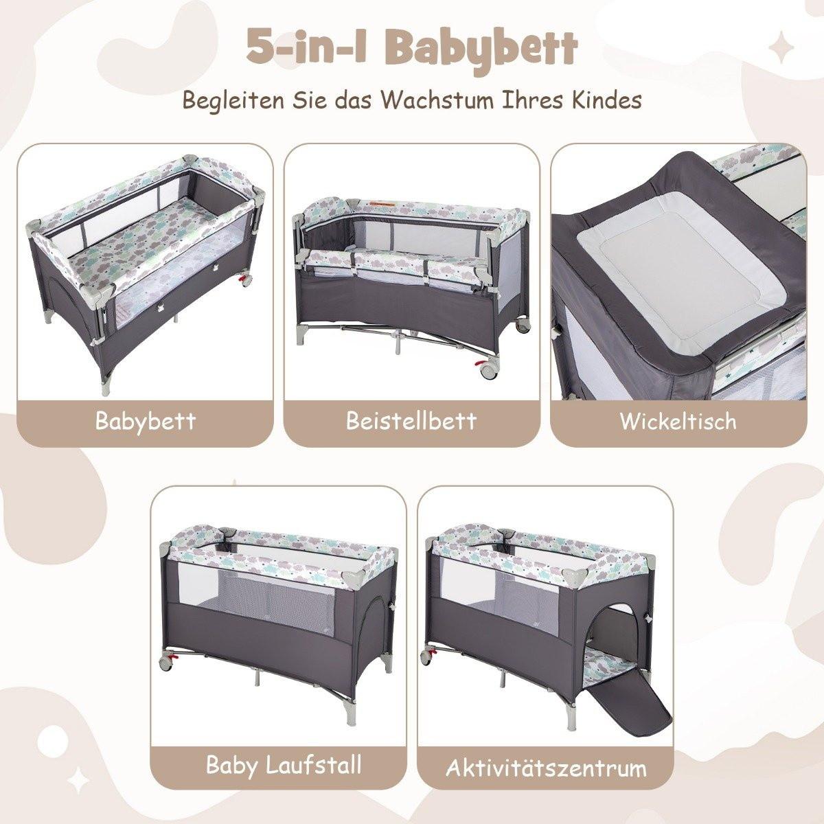 B2X  5 in 1 Beistellbett klappbar Reisebett mit Matratze 2 Ebene Babybett mit Rollen Grau 