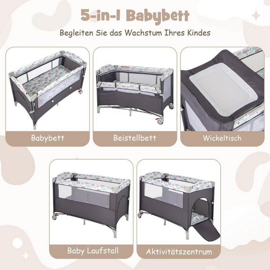 B2X  Lit d'appoint pliant 5 en 1, lit de voyage avec matelas, lit bébé à 2 niveaux avec roulettes gris 