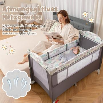 5 in 1 Beistellbett klappbar Reisebett mit Matratze 2 Ebene Babybett mit Rollen Grau