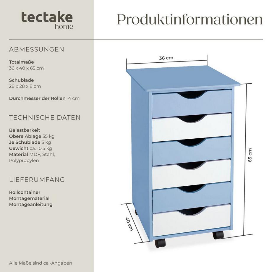 Tectake Rollcontainer  aus Holz mit 6 Schubladen  