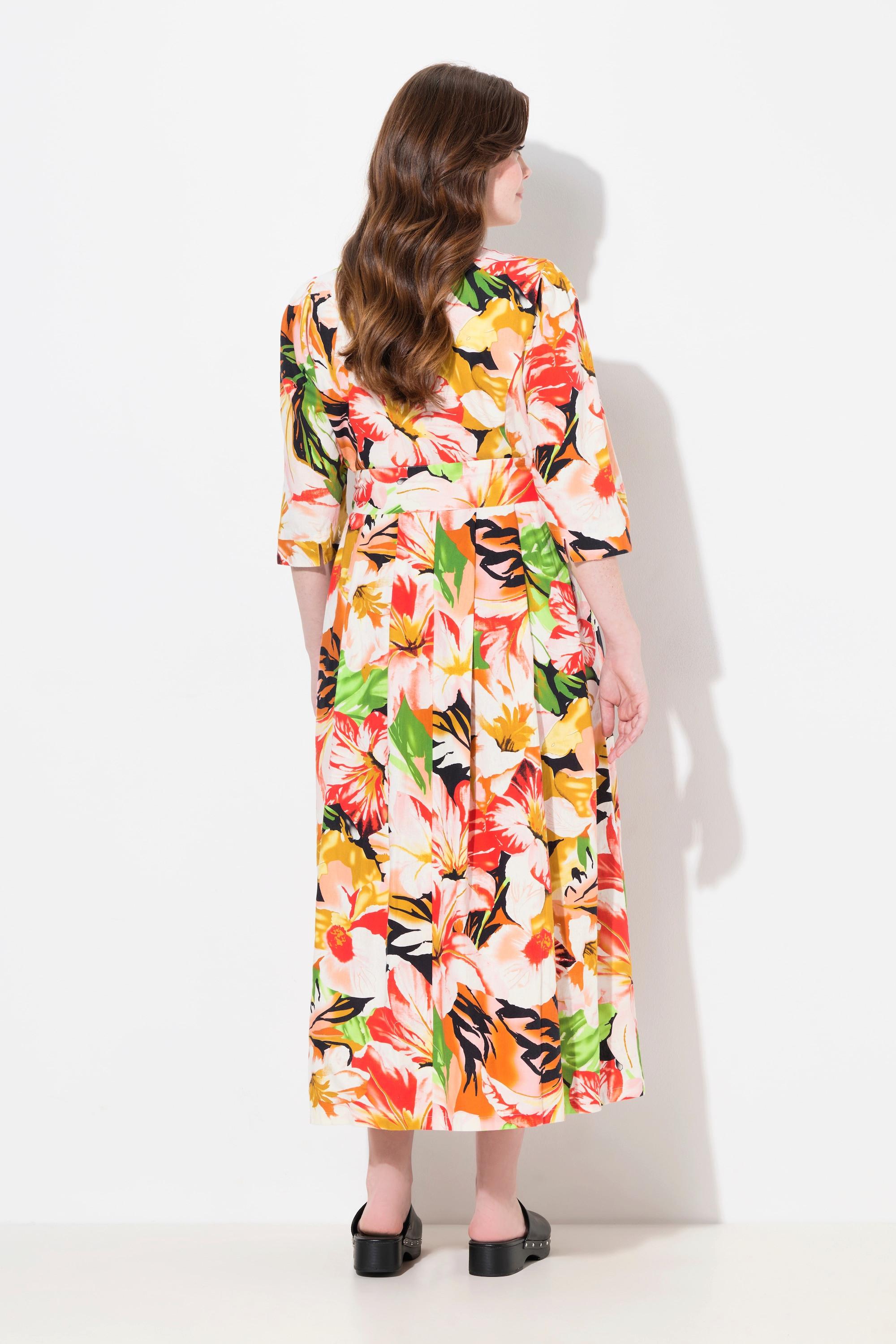 Ulla Popken Maxi Abito Misto Lino Linea A Scollo Rotondo Maniche 3/4  