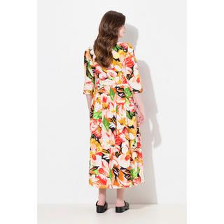 Ulla Popken Maxi Abito Misto Lino Linea A Scollo Rotondo Maniche 3/4  