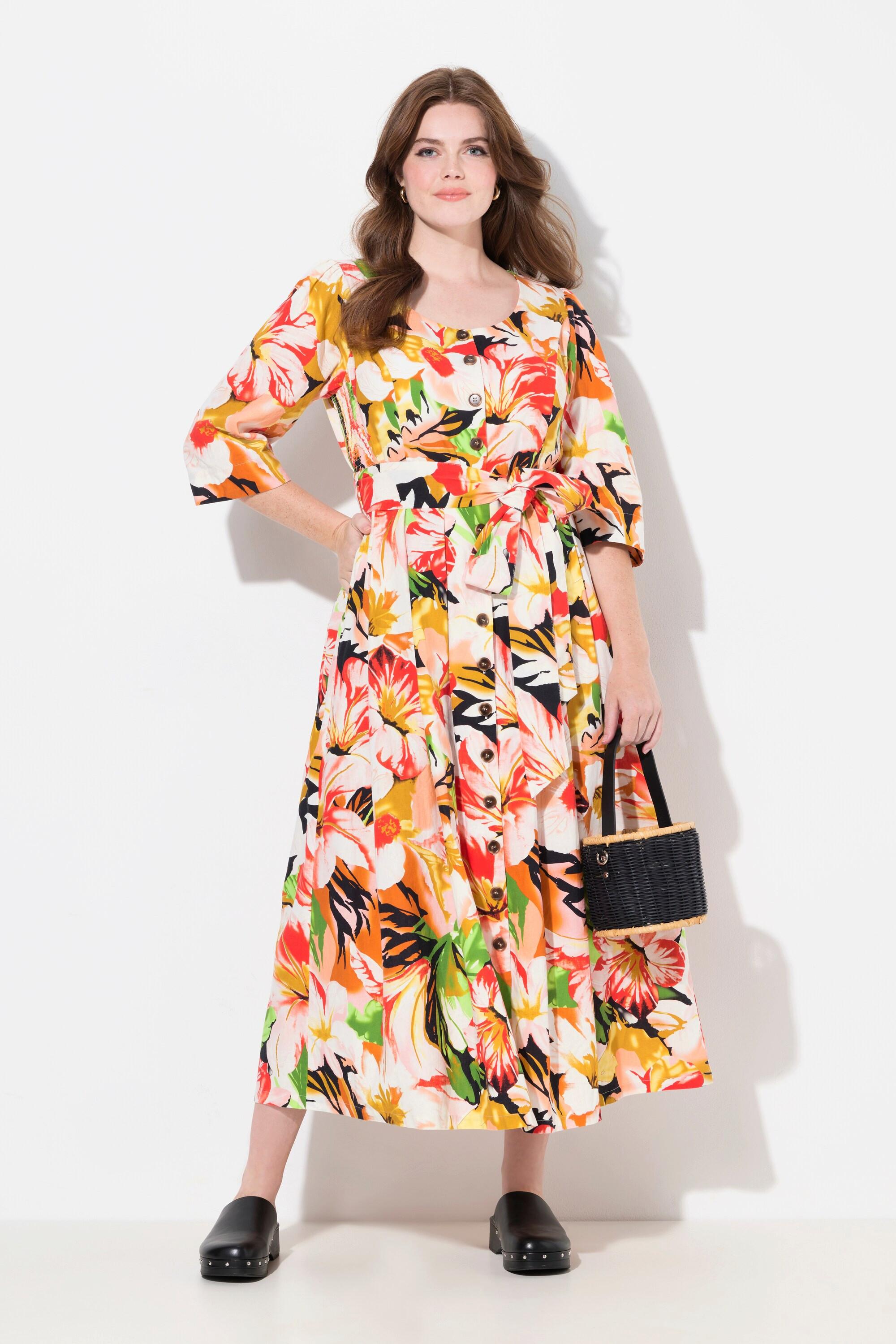 Ulla Popken Maxi Abito Misto Lino Linea A Scollo Rotondo Maniche 3/4  