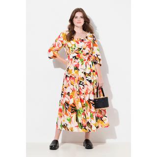 Ulla Popken Maxi Abito Misto Lino Linea A Scollo Rotondo Maniche 3/4  